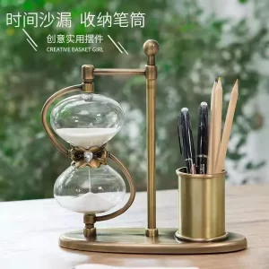 Metal Hourglass Timer Retro Office Desktop Pen Container Decoration Glass Time Hourglass Quicksand Gift Box High Sense