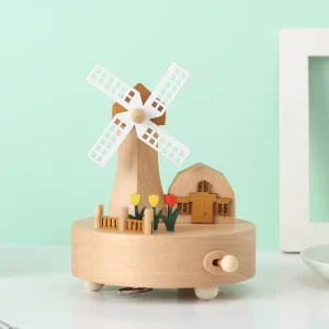 Natural Beech Music Box Handmade Romantic Windmill Music Box Wooden Crafts Creative Creative Gift For Friends Birthday Gift Caro