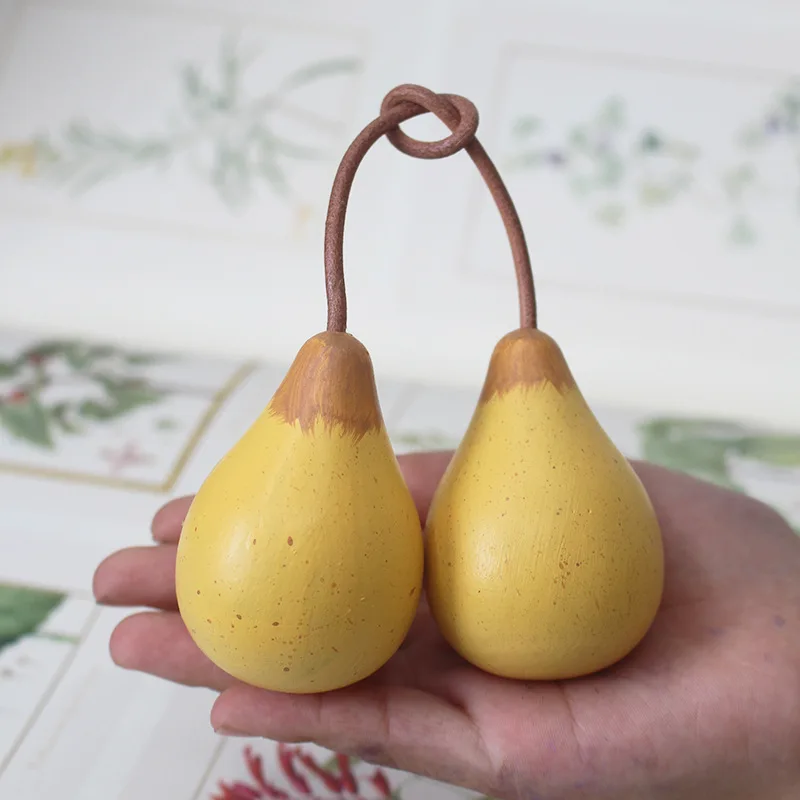 Hand-painted Wooden Golden Pear Model Simulation Accessory, Small Pendant, Wooden Handle Toy
