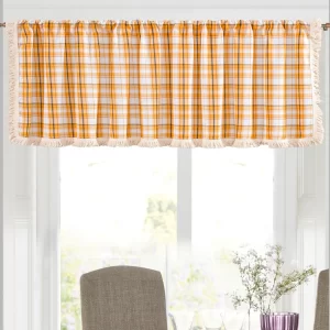 Cotton And Linen Plaid Tassel Orange Cabinet Dust Curtain 1.5m Wide Window Curtain Half Curtain Door Curtain Coffee Curtain Kitc