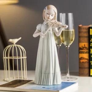 Violin Playing Girl Ceramic Art Sculpture Ornaments Wine Cabinet Hallway Decoration Crafts Children's Room Ornaments Gifts